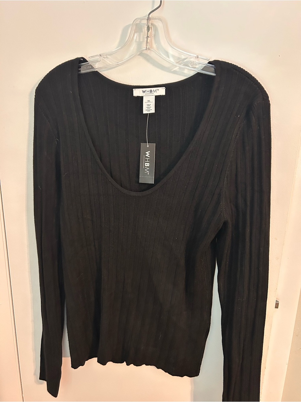 White House Black Market Black Ribbed Scoop-Neck Long Sleeve Top